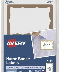Hot Sale ❤️ Avery Adhesive Name Badges, 2-1/3 X 3-3/8 Inches, Gold Border, Pack Of 100 🎁