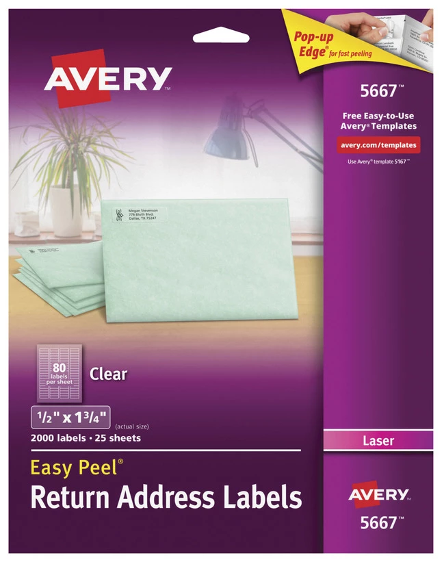 New โ Avery Easy Peel Return Address Labels, Laser, 1/2 X 1-3/4 Inches, Clear, Pack Of 200 ๐ 1 New โ Avery Easy Peel Return Address Labels, Laser, 1/2 X 1-3/4 Inches, Clear, Pack Of 200 ๐