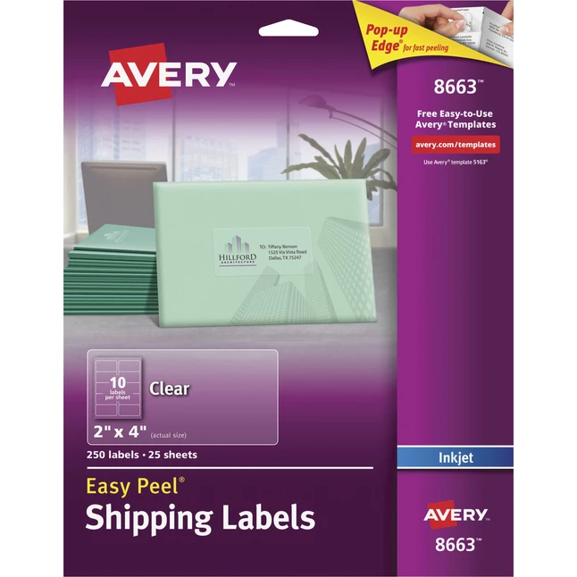 Brand new โจ Avery Easy Peel Shipping Labels, Inkjet, 2 X 4 Inches, Clear, Pack Of 250 ๐ 1 Brand new โจ Avery Easy Peel Shipping Labels, Inkjet, 2 X 4 Inches, Clear, Pack Of 250 ๐