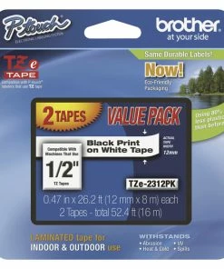 Brand new 🥰 Brother P-touch Tze Laminated Tape Cartridge, 1/2 Inch X 26 Feet, Black/White, Pack Of 2 🎉