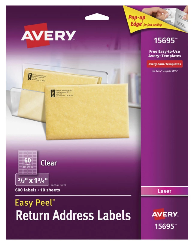 New โจ Avery Easy Peel Return Address Labels, Laser, 1/2 X 1-3/4 Inches, Clear, Pack Of 600 ๐ 1 New โจ Avery Easy Peel Return Address Labels, Laser, 1/2 X 1-3/4 Inches, Clear, Pack Of 600 ๐