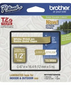 New 😍 Brother P-touch Tze Laminated Tape Cartridge, 1/2 Inch X 16 Feet, White/Satin Gold 🤩