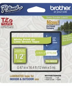 Buy 🤩 Brother P-touch Tze Laminated Tape Cartridge, 1/2 Inch X 16 Feet, White/Lime Green 🔔