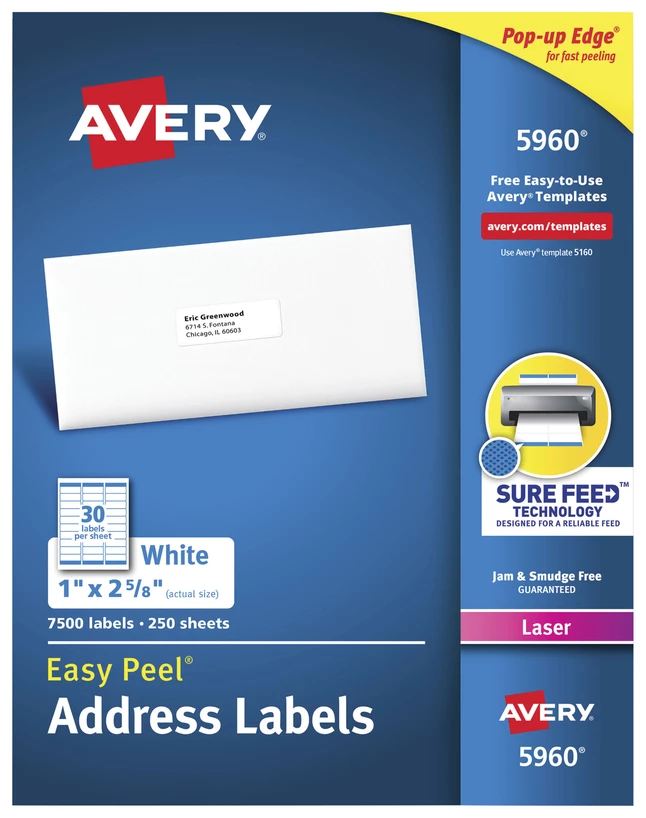 Brand new โจ Avery Easy Peel Address Labels, Laser, 1 X 2-5/8 Inches, Pack Of 7500 ๐ 1 Brand new โจ Avery Easy Peel Address Labels, Laser, 1 X 2-5/8 Inches, Pack Of 7500 ๐