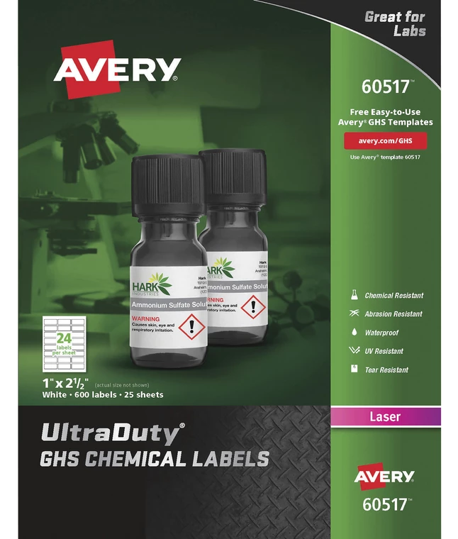 Buy 👏 Avery UltraDuty GHS Labels, 1 X 2-1/2 Inches, White, Pack Of 600 ⭐ 1 Buy 👏 Avery UltraDuty GHS Labels, 1 X 2-1/2 Inches, White, Pack Of 600 ⭐